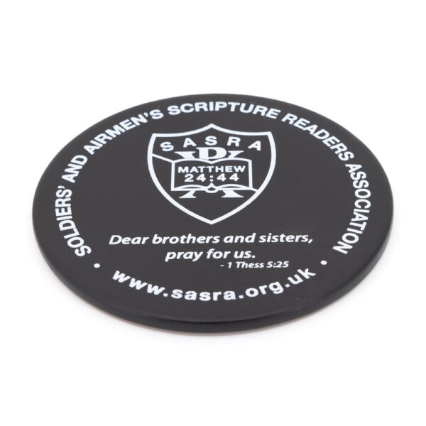 SASRA coaster with logo, URL & 1 Thess 5:25 "Dear brothers and sisters, pray for us."