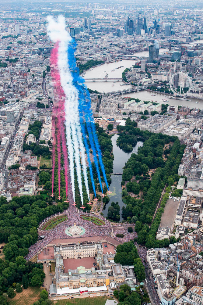 Image of the Red Arrows taking part in the RAF100 parade and flypast over London on 10 July 2018. The event marked a celebration of the Royal Air Force's centenary year. UK MOD © Crown copyright 2022