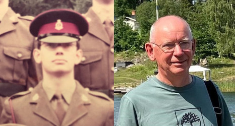 Hugh French in uniform during his military service and now.