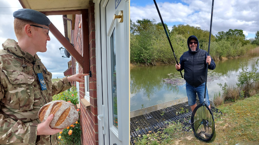 Left: ASR Peter Woodward at a front door holding a crusty loaf of bread. Right: ASR Lee McDade holding a net with a fish inside, the river behind him.