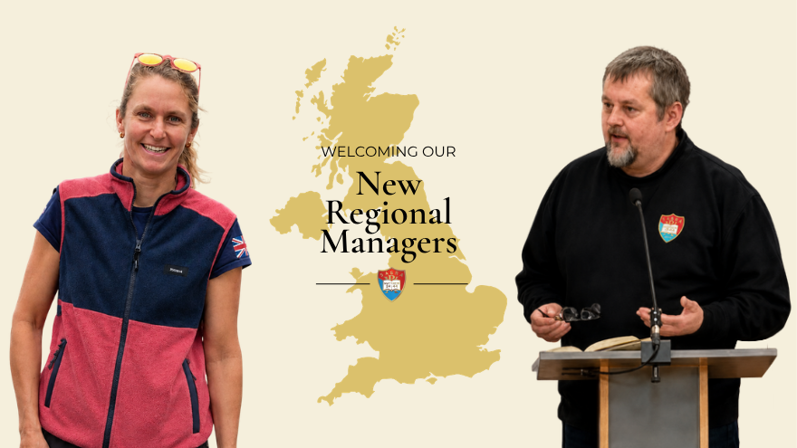 Cut-out of Rebecca Bosson on the left and of Keith Evans speaking at a lectern on the right. A map of the UK in the middle with the overlaying words: Welcoming our New Regional Managers