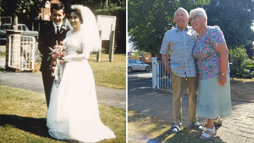 On the left is John and Dianne Lodge on their wedding day and on the right is them on their 60th wedding anniversary